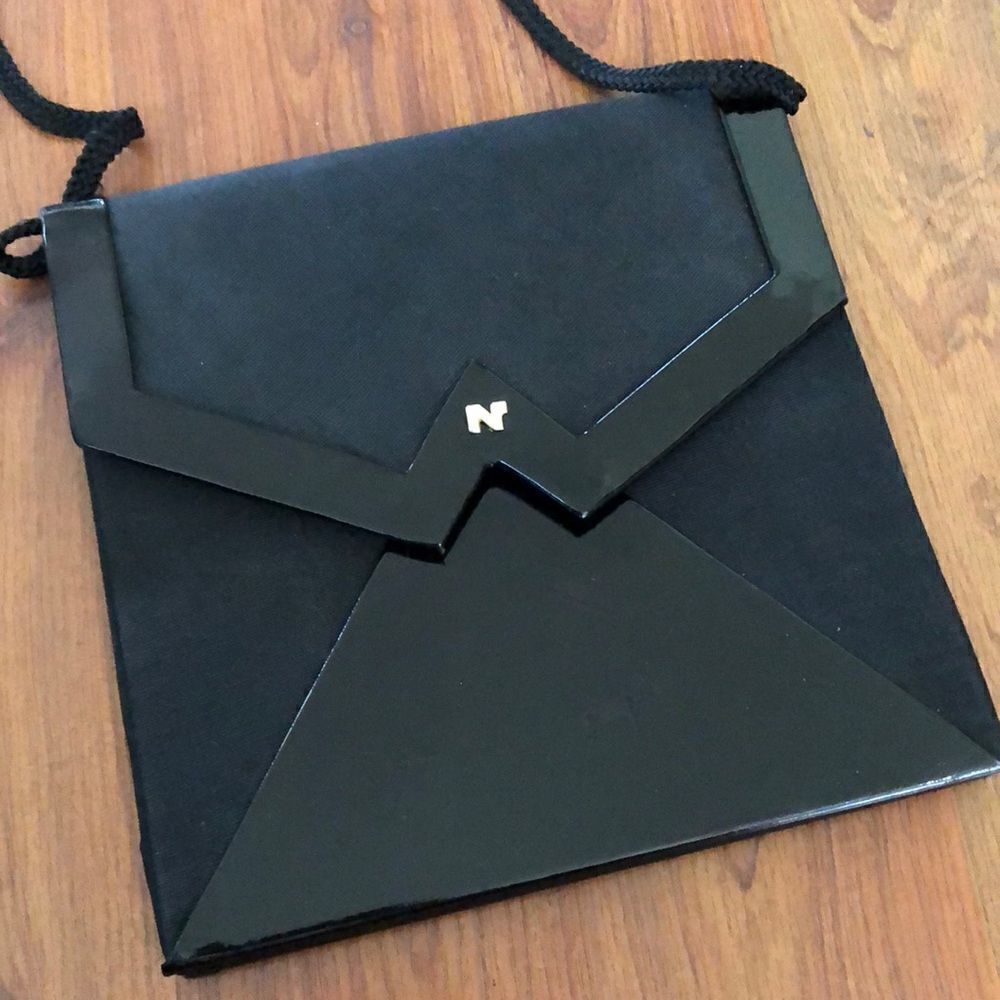 Nina Ricci Paris Vintage black patent leather envelope handbag.